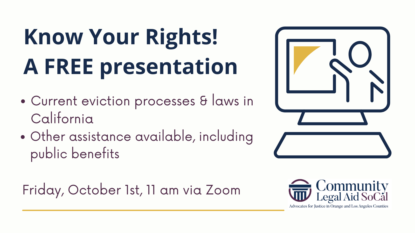 Graphic with computer and person icon for virtual know your rights presentation on oct. 1, 2021